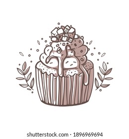 Pastel de crema con patatas fritas de chocolate y nueces. Una bella confección. Bollería festiva, dulces. Elegante trazado de líneas y puntos abstractos. Diseño de postales, pancarta. Ilustración vectorial en estilo dibujado a mano