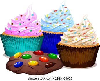 Cream cupcake and chocolate cookies illustration