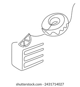 Cream cupcake muffin lemon cake donut line continuous drawing. Vector dessert icon. Hand drawn doodle illustration. Wall art print, banner, card, cartoon poster, brochure, logo, symbol, sign, menu.