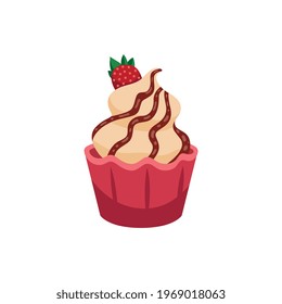 Cream cupcake with straberry on top flat icon vector illustration