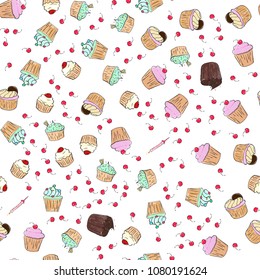 Cream cupcakes pattern illustration. Seamless print with pastry set. Vector bakery background.Hand draw style.
