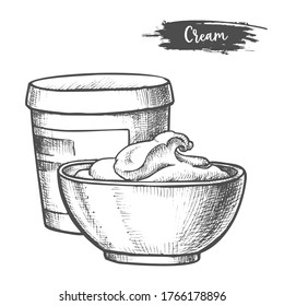 Cream, dairy product sketch, milk food vector illustration. Cream in jar package and bowl plate, hand drawn pencil sketch in black and white hatching, farm dairy products, healthy natural food