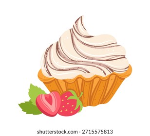 Cream dessert with whipped vanilla cream short crust pastry and strawberry hand drawn texture illustration. Sweet tartlet pastry dessert art. Vector hand drawn cartoon cream puff design for menu print