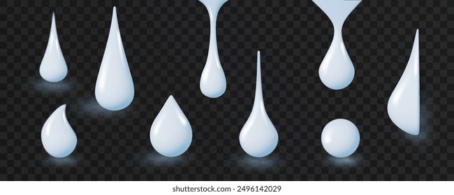 Conjunto de gotas de crema. Líquido blanco de la leche, ilustración cosmética de la gota aislada en fondo transparente. Yogur brillante, aceite de coco, suero líquido de textura fundida, caída