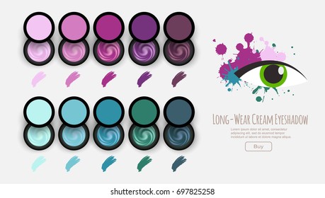 Cream eyeshadow set, online shopping concept realistic vector illustration, top view. Purple, blue trendy colors collection, eye, stains, swatches, cosmetics background advertisement. 