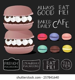 Cream filled macaroon illustrations on chalkboard with hand lettering labels.