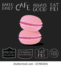 Cream filled macaroon illustrations on chalkboard with hand lettering labels.