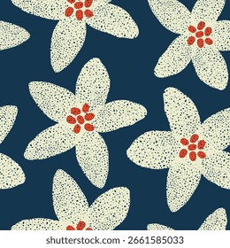 Patrón punteado floral crema con centros rojos sobre fondo azul marino, textura de Vector sin costuras