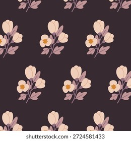 Patrón transparente floral crema, muestra disponible en el panel de muestras, flores botánicas suaves sobre fondo oscuro