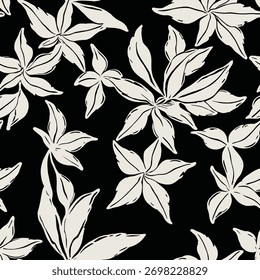Padrão de vetor floral creme em fundo preto com contraste elegante