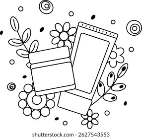 Creme mit Blumen und Blättern Zusammensetzung. Vektorgrafik-Liniengrafik. Schwarz-weiß süß kosmetische Make-up Kunst. Illustration für Paket, Urlaubsdesign, Stoff und Textil.

