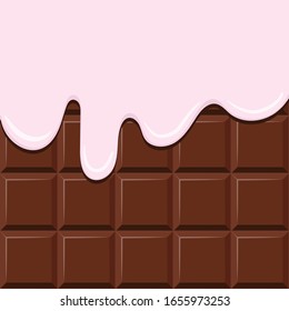 Cream flowing on chocolate bar vector background. Melting pink creme on chocolate texture. Syrup glaze drops. Sweet dessert food