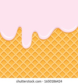 Cream flowing on waffel, vector background. Melting pink creme on wafer texture. Syrup glaze drops. Sweet dessert food