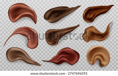 Cream foundation smear with luxurious texture for professional makeup looks. Cosmetic swatch of liquid concealer in dark brown tones on transparent background for facial beauty product display.