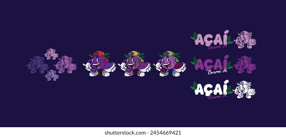 AÇAÍ CREAM FRUIT MASCOT WITH LOGO TEXT AND CHARACTER PATTERN