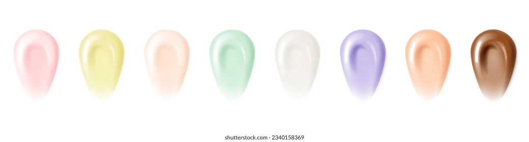 Cream gel mask texture samples. Face sunscreen lotion, makeup concealer foundation, bb or cc or dd beauty toner display smear. Cosmetic skincare vector isolated.