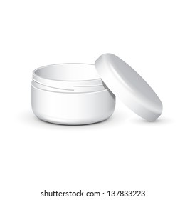 Cream, Gel Or Powder, Light Gray, White, Opened Empty Jar Can Cap Bottle. Blank On White Background Isolated. Ready For Your Design. Product Packing Vector EPS10