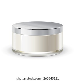 Cream, Gel Or Powder, Light Gray, White, Brown, Glass Jar Can Cap Bottle. Blank On White Background Isolated. Ready For Your Design. Product Packing Vector EPS10