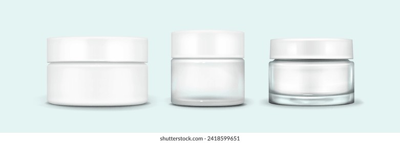 Cream glass jar with white cap mockup. Realistic vector illustration set of transparent, translucent and matte plastic container for cosmetic. Clear makeup or face cream package with glossy lid.