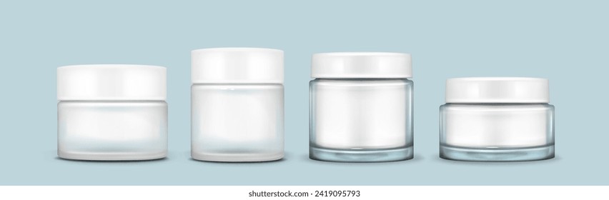 Cream glass jar with white cap mockup. Realistic vector illustration set of transparent, translucent and matte plastic container for cosmetic. Clear makeup or face cream package with glossy lid.