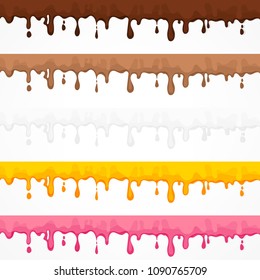 Cream glaze blots and splash, dripping and flows glaze or cream liquid. Dessert design for cafeteria and patisserie cakes and cookies. Vector illustration.
