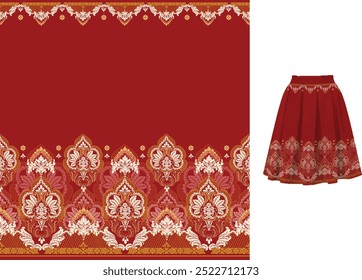 Cream and gold motif, border on red background. Luxurious, classic pattern. Fashion pattern. Motif run from foot to waist. . Combined with long dress mockup.