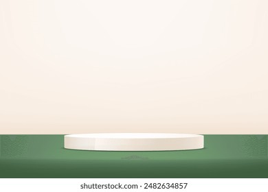 Cream and green studio room background. Cream background vector 3d with podium. Empty room with light effect. Space for selling products on the website. Business backdrop.