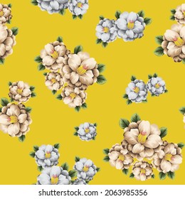 cream and grey vector flowers with green leaves bunches pattern on yellow background