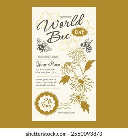 Día Mundial de las Abejas Dibujado a Mano con Crema