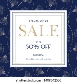 Cream Hand-Drawn Abstract Floral Sale Promotion Square Banner. Social Media Ads Graphics. Art Deco Blooms. Abstract Elegant Fan Flowers Special Offer Flyer.