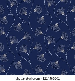 Cream Hand-Drawn Abstract Floral Vector Seamless Pattern on Indigo Background. Art Nouveau Blooms. Abstract Fan Flowers