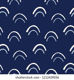 Cream Hand-Drawn Arches Vector Seamless Pattern. Abstract Cut Out Print. Geometric Indigo Fishscale Background