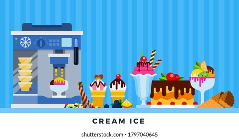 Cream ice. Vector flat illustrations. Machine for ice-cream wafer cone.