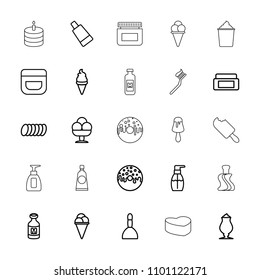 Cream icon. collection of 25 cream outline icons such as spa bag, bottle soap, donut, milkshake, milk, cookie, toothbrush, heart cake. editable cream icons for web and mobile.