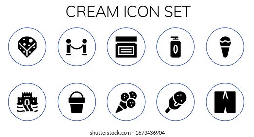 cream icon set. 10 filled cream icons.  Simple modern icons such as: Cheese, Sand castle, Velvet, Sand bucket, Cream, Ice Gel, Swimsuit