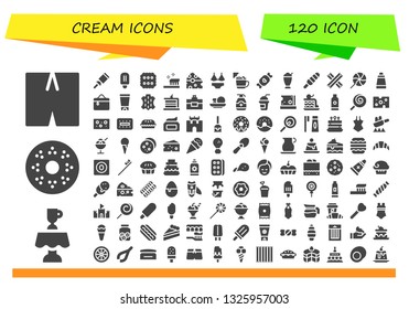 cream icon set. 120 filled cream icons.  Collection Of - Swimsuit, Latte, Doughnut, Candy, Popsicle, Biscuit, Toothbrush, Cheese, Ice cream, Milkshake, Churros, Lollipop, Ointment