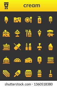 cream icon set. 26 filled cream icons.  Collection Of - Popsicle, Sun cream, Cheese, Make up, Gel, Ice Tooth Brush, Food cart, Cake, Dairy, Latte, Cupcake, Pastry, Tiramisu