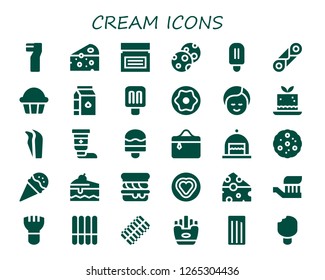  cream icon set. 30 filled cream icons. Simple modern icons about  - Toothbrush, Cheese, Cream, Cookies, Popsicle, Cannoli, Cupcake, Milk, Donut, Makeup, Mousse, Tweezers, Ice cream