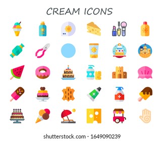 cream icon set. 30 flat cream icons. Included ice cream, sun summer, cheese, makeup, candy, nail clippers, beach, birthday cake, sand castle, Donut, cake, shampoo icons