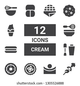cream icon set. Collection of 12 filled cream icons included Skewer, Concave, Pie, Donut, Nail polish, Cookie, Whisk, Makeup, Cookies, Ice cream, Beater, Stroopwafel