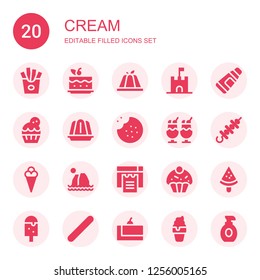 cream icon set. Collection of 20 filled cream icons included Fries, Cake, Pudding, Sand castle, Toothpaste, Cupcake, Jelly, Cookie, Ice cream, Skewer, Beach, Cookies, Popsicle