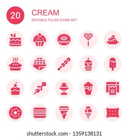 cream icon set. Collection of 20 filled cream icons included Cake, Cupcake, Donut, Popsicle stick, Pudding, Pie, Stroopwafel, Skewer, Milkshake, Ice cream, Cookies, Doughnut, Macaron
