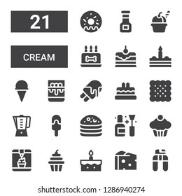 cream icon set. Collection of 21 filled cream icons included Nail clippers, Cheese, Cake, Cupcake, Ice cream, Nail polish, Beater, Biscuit, Birthday cake, Panna cotta, Sauce, Doughnut