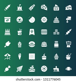 cream icon set. Collection of 36 filled cream icons included Croissant, Birthday cake, Doughnut, Sand castle, Ice cream, Pastry bag, Cupcake, Biscuit, Beach, Beater, Milk, Jelly