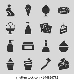 Cream icons set. set of 16 cream filled icons such as cookies, spa bag, soap, toothbrush, bottle soap, donut, milkshake, cake slice