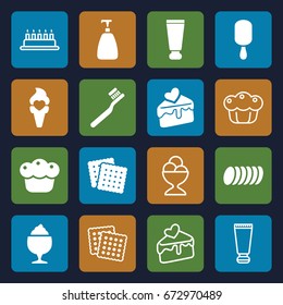 Cream icons set. set of 16 cream filled and outline icons such as cookies, soap, toothbrush, milkshake, cake slice, pie, cookie