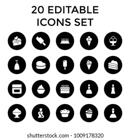 Cream icons. set of 20 editable filled cream icons such as spa bag, soap, cake, milkshake, cake slice, heart cake. best quality cream elements in trendy style.