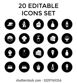 Cream icons. set of 20 editable filled cream icons such as bottle soap, cake, donut, soap, milk. best quality cream elements in trendy style.