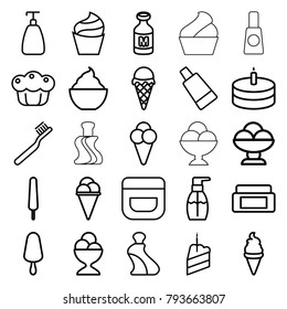 Cream icons. set of 25 editable outline cream icons such as soap, toothbrush, bottle soap, milkshake, milk, piece of cake, cake