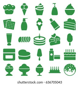 Cream icons set. set of 25 cream filled icons such as cookies, soap, bottle soap, donut, milkshake, cake slice, heart cake, cake, pie